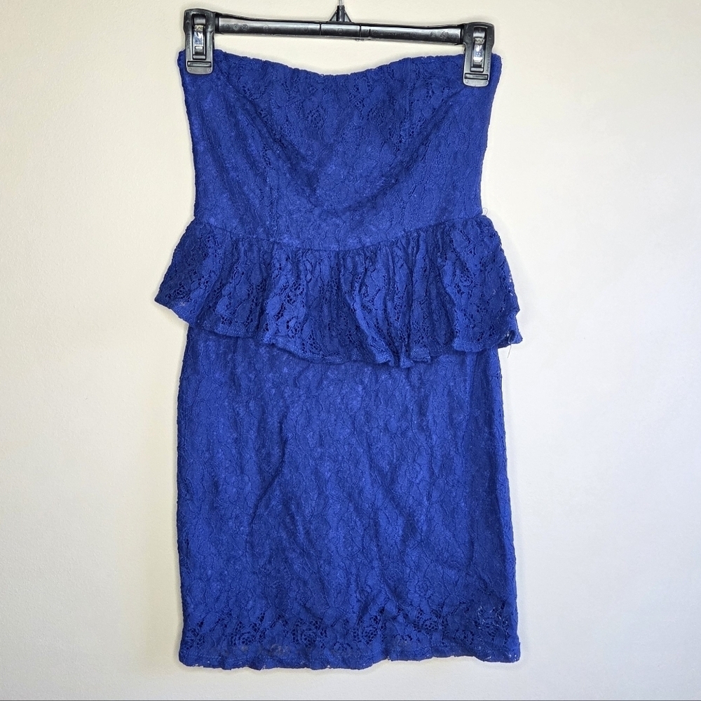 Y2K Coquette Delia's Blue Lace Strapless Peplum Party Dance Dress Size Small